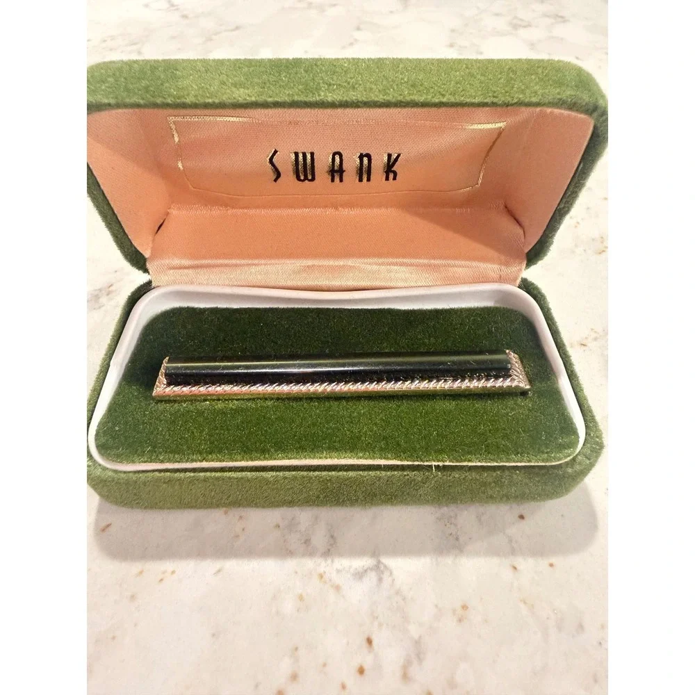 Vintage Swank Tie Bar Black Gold Tone Rope Edge Mens Accessory with Original Box